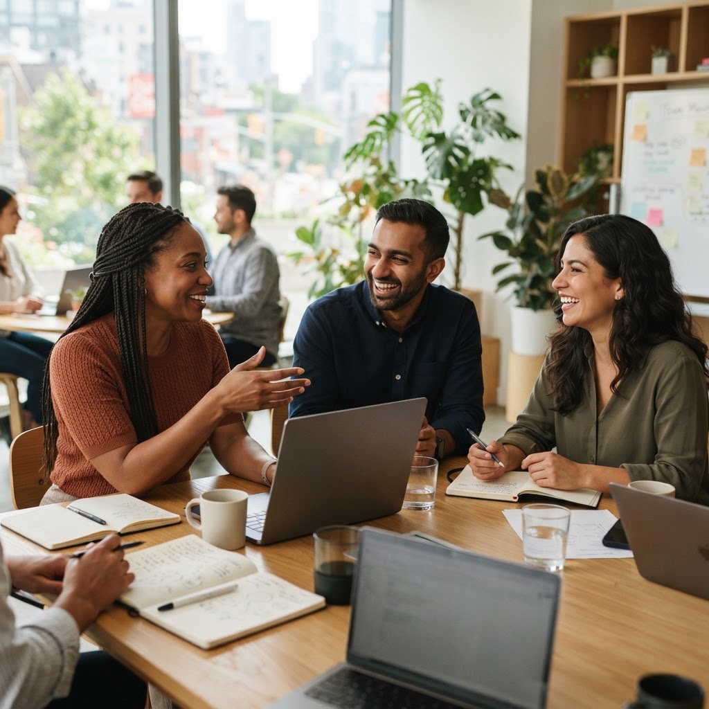 Professionals im Gespräch während eines Team-Meetings in einem modernen Büro