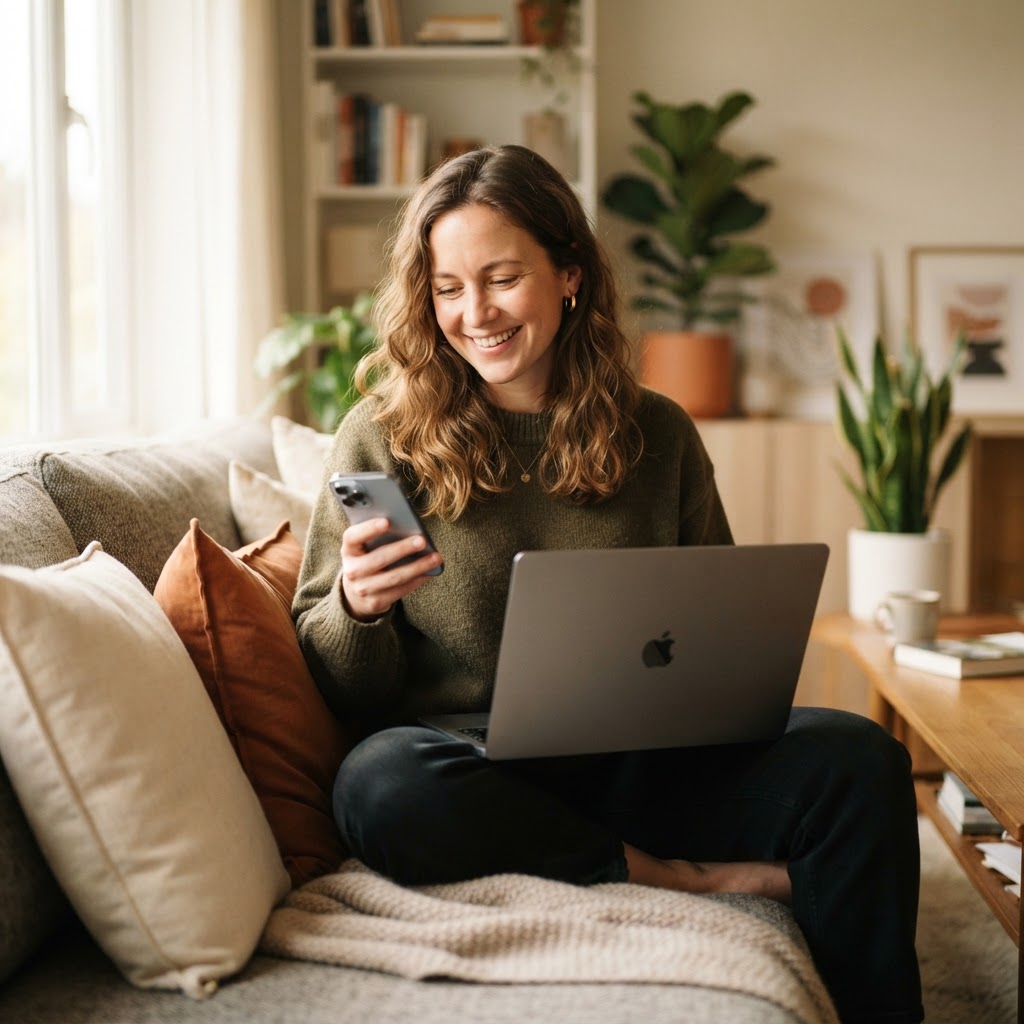 Positive Person nutzt Smartphone und Laptop in entspanntem privaten Umfeld